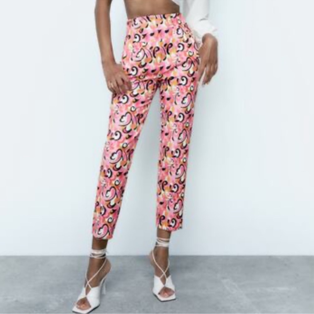 Zara Hot Pink Paisley Multi 70's Retro High Waist Trousers pants